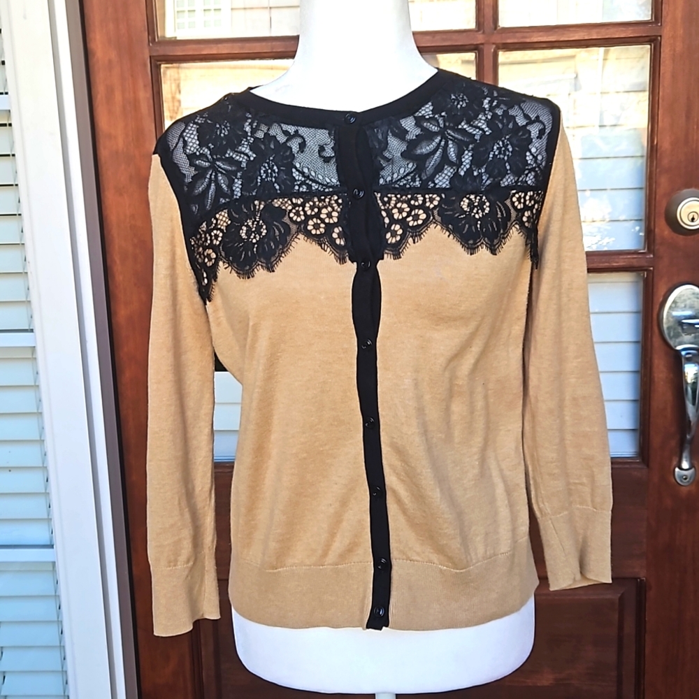 LOFT Tan and Black Lace Button Down Cardigan